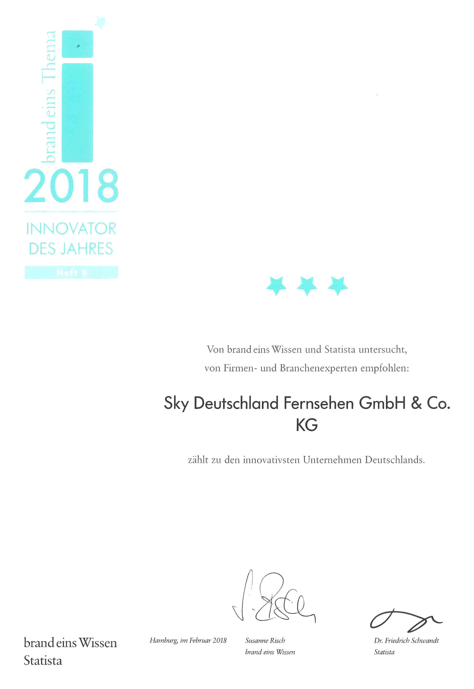 Urkunde „Innovator des Jahres 2018“ für Sky Deutschland von brand eins Wissen und Statista.