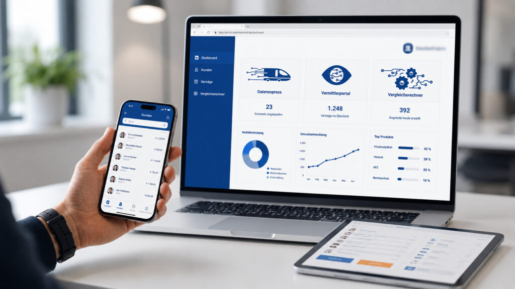 Digitale Versicherungsplattform auf Laptop, Smartphone und Tablet mit Dashboard, Vergleichsrechner und Vermittlerfunktionen im Rahmen des Relaunchs von mobilversichert.de.