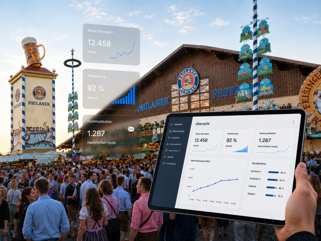 Tablet mit digitalem Dashboard vor dem Paulaner Festzelt auf dem Oktoberfest in München