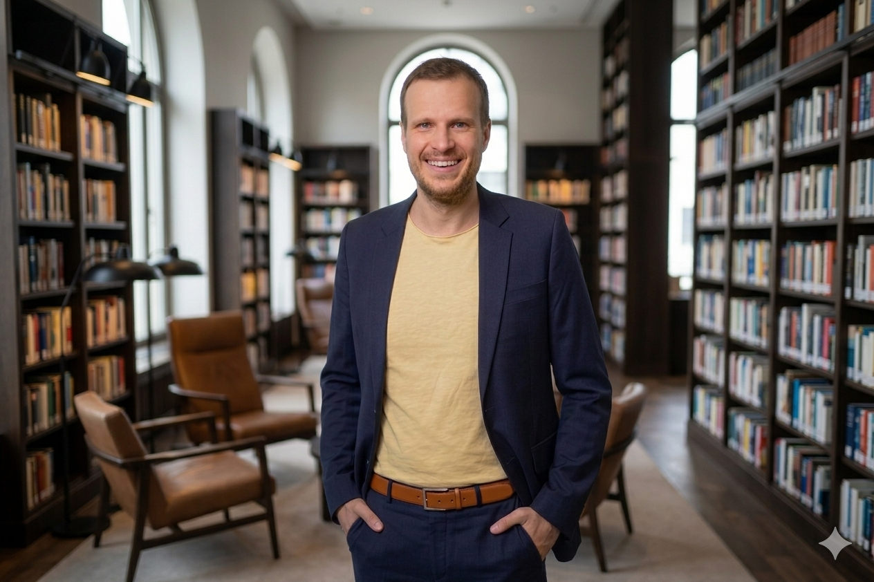 Business-Porträt von Damian Holmer in einer Bibliothek in München