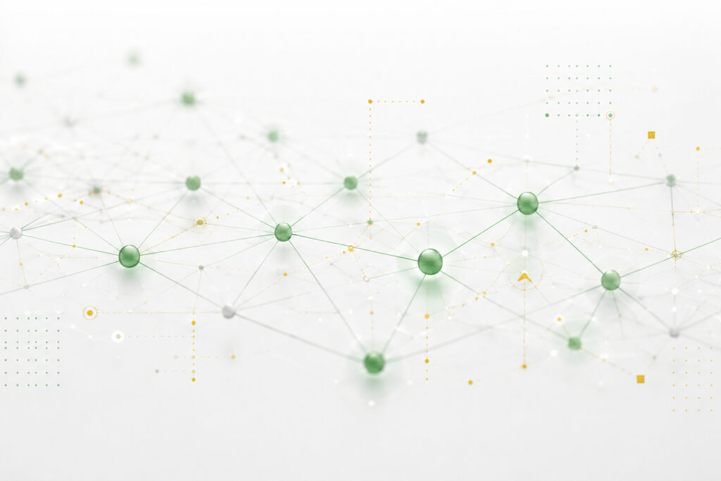 Abstraktes Netzwerk-Visual mit grünen Verbindungspunkten als Symbol für Transformation, Digitalisierung und vernetzte Kommunikation