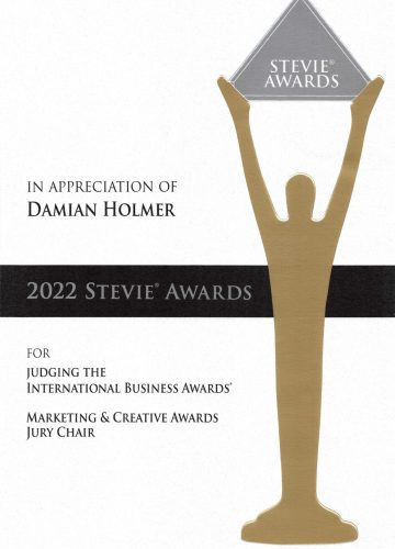 Urkunde der International Business Awards 2022 für Damian Holmer als Jury Chair im Bereich Marketing und Creative Awards.